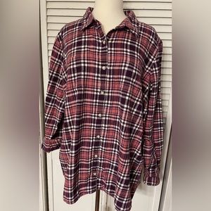 L.L. BEAN Women’s Sz 3XL XXX Flannel Shirt 100% Cotton Plaid Maroon Button Top